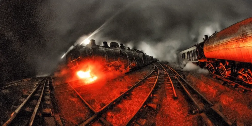 Image similar to fisheye lens slow motion with trail effect of blazing old train with steam locomotive, long exposure shot , at night in the middle of a rainy street, paddle of water, steam, fog, water splashes, rim lights, glossy reflections, water droplets on lens, octane render, dark and dramatic, explosions in the background, detailed and soft, fisheye lens, smooth, sharp focus, illustration, cyberpunk, sci-fi, fantasy, intricate, elegant, highly detailed, digital painting, artstation, concept art, smooth, sharp focus, illustration, art by Yintion J - Jiang Geping and artgerm and greg rutkowski and alphonse mucha