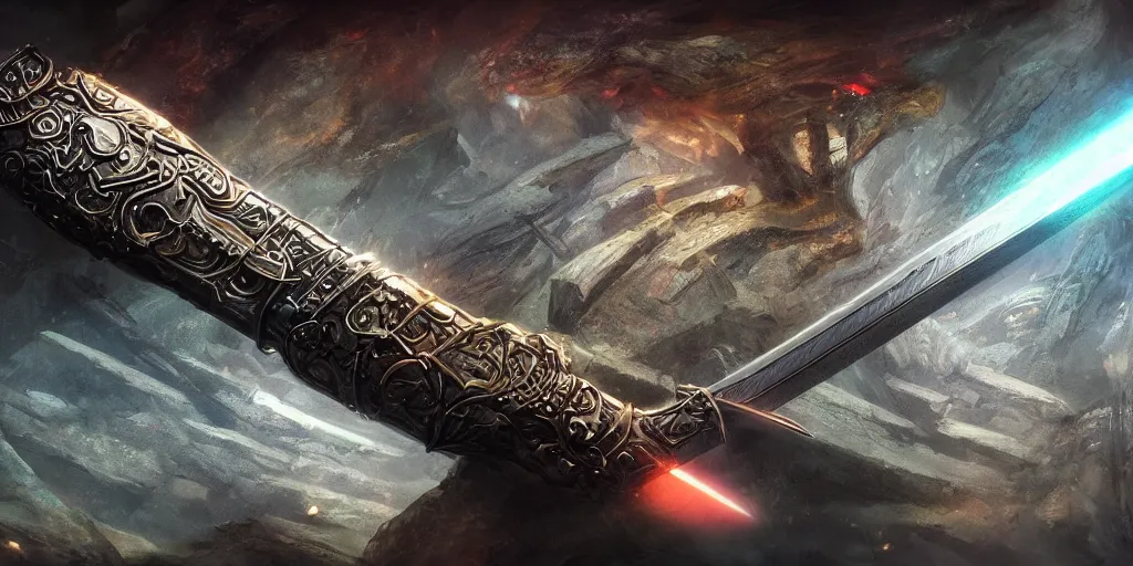 Image similar to legendary cybernetic full long sharp sword lying flat on a glowing table with a black and iridescent sword blade, digital award winning hd matte painting, intimate dark moody, intricate, ornate spikes, colorful hilt, detailed realistic, raytraced blade, colored gems, future golden technological pommel, in the style of greg rutkowski and krenz cushart, deviantart