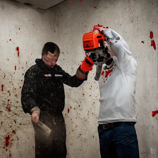 Image similar to putin with a chainsaw and a corpse. in a concrete bunker. focus on face with blood splatters. canon eos r 3, f / 1. 4, iso 4 0 0, 1 / 1 6 0 s, 8 k, raw