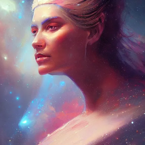 Prompt: a beautiful portrait of a cosmic goddess by Greg Rutkowski and Jim Burns, Trending on Artstation, nebula background