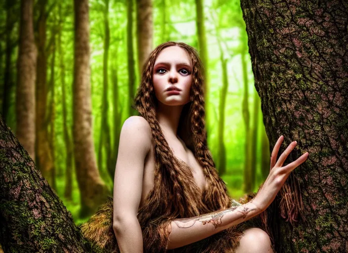 Image similar to a portrait of a real woman growing from a tree, in a magical forest. Fantasy magic horror style. Highly detailed 8k. Intricate. Nikon d850 55mm. Award winning photography.