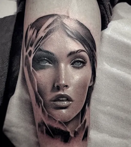 Image similar to double exposure effect tattoo design sketch of megan fox with beautiful mountain scenery, realism tattoo, in the style of matteo pasqualin, amazing detail, sharp