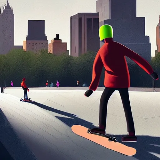 Prompt: concept art by Stan stalenhag of Agent 47 skateboarding in the central park. epic wide angle shot, cinematic lighting, photorealistic, award winning on Artstation, hyper detailed, hyper realistic.