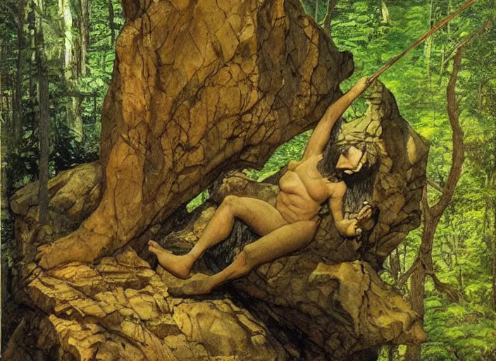 Prompt: a troll on a rock in the woods, dramatic lighting, fluid, smooth, bright, colours, high contrast, sharpness, very detailed, intricate, by moebius, frazetta, giorgio de chirico and klimt