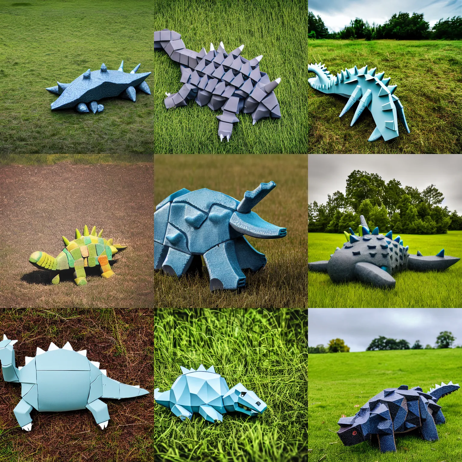 Prompt: a stegosaur made of plastic, in a grass field, brutalist style, dslr, soft lighting