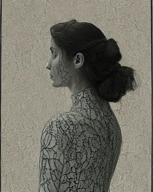 Image similar to a woman's face in profile, made of intricate delicate lace leaf, in the style of the dutch masters and gregory crewdson, dark and moody