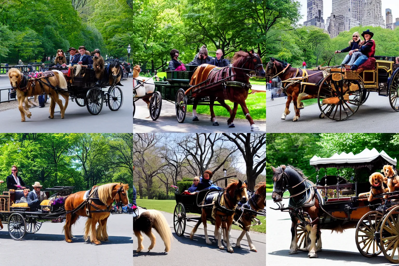 Prompt: yorkies riding a horse-drawn carriage through central park