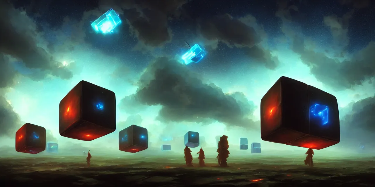 Image similar to a fleet of giant glowing futuristic cubes tied to each other with chains in the sky, a fantasy magical landscape seen in the distance, atmospheric lighting, intricate, volumetric lighting, beautiful, sharp focus, ultra detailed, in the art style of marc simonetti, bowater charlie and brom gerald, astrophotography