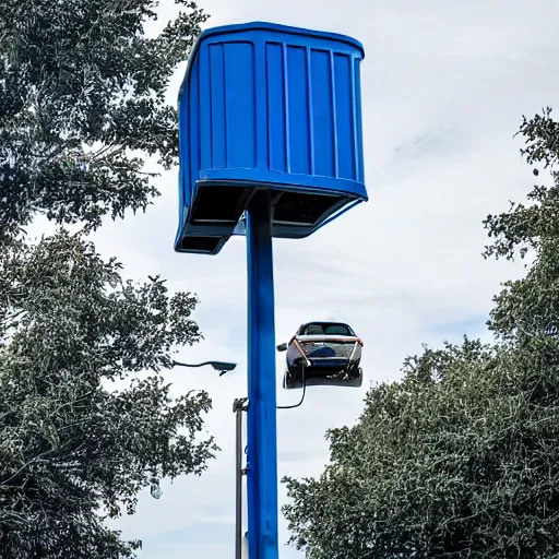 Image similar to blue truck dangling from atop a street light pole