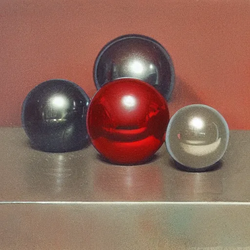 Prompt: chrome spheres on a red cube by hans gude