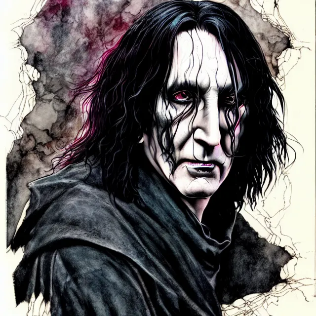 Prompt: symmetrical complex fine detail, black ink & copic markers, vibrant muted colors, disturbing grunge still of a [ biblical demon infested ] [ severus snape ], by arthur adams, by tom bagshaw, by henry asencio, by kikuchi hideyuki