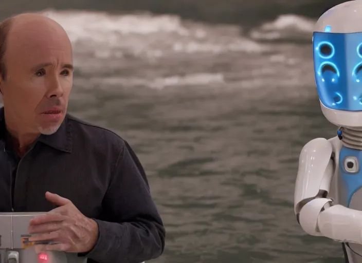 Prompt: film still of Clint Howard in water with robot as Cooper in Interstellar, 4k