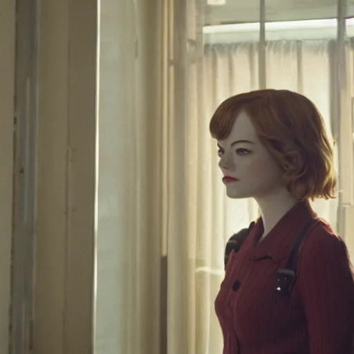 Prompt: movie still of robot emma stone, cinematic composition, cinematic light, criterion collection, by edgar wright