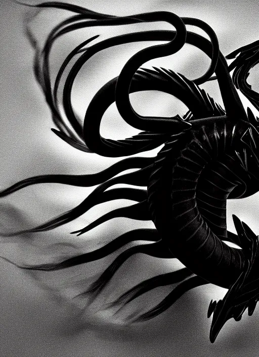 Image similar to a real life gyarados pokemon, diffuse lighting, black and white, intricate, elegant, blurry, hidden camera