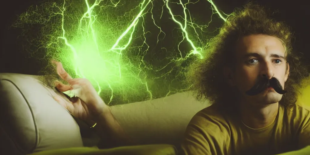 Image similar to french white man with puffy hair, mustache and a green sitting on a black chair in his room looking at the camera, photorealistic, webcam, yellow lightning