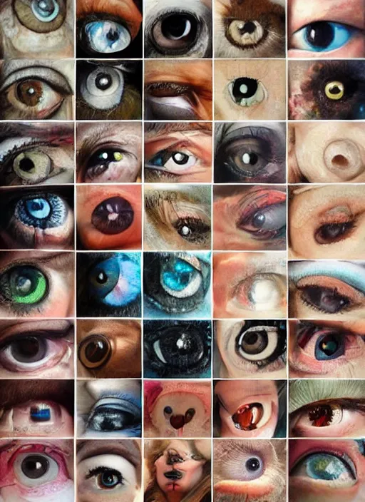 Image similar to diverse eyes!, dot pupils, round pupil, happy human eyes, round iris, advanced art, art styles mix, from wikipedia, grid of styles, various eye shapes