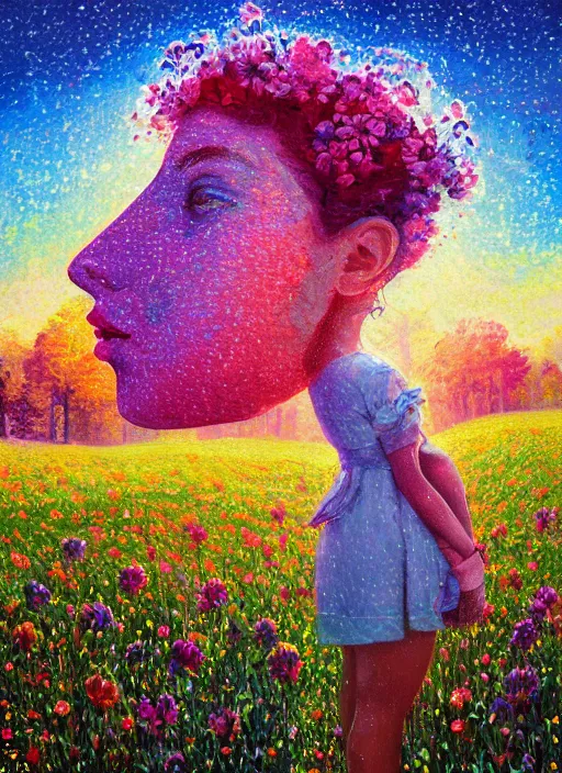 Image similar to girl with giant flower as a face and flower dress, standing in a flower field hills, big trees, sunrise dramatic light, impressionist painting, colorful clouds, digital painting, pointillism, artstation, simon stalenhag