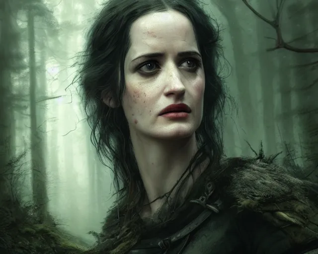 Image similar to 5 5 mm portrait photo of a real life tough looking battle hardened eva green as ciri with a thin face and a large scar across her left cheek, in a magical forest. dark atmosphere. art by greg rutkowski. highly detailed 8 k. intricate. lifelike. soft light. nikon d 8 5 0.