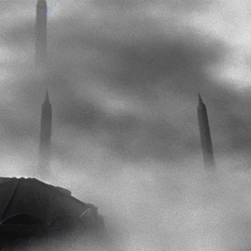 Image similar to Kaiju Starro, fog, Ishirō Honda, vintage movie shot, Orson Welles, fog, night, missile explosions