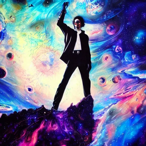 Prompt: painting of Michael Jackson posing in a cosmic scenic environment by Android Jones, trending on Artstation, hyperdetailed, beautiful, stars, planets, nebula, medium shot, mid-shot