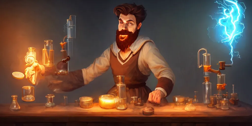 Image similar to a handsome bearded caucasian male sorcerer with brown hair he is casting a spell with flowing energy, he is in a alchemist lab filled with beakers and equipment, neutral pose, sharp focus, waist up, epic composition, 4 k, by rudy siswanto and anna podedworna