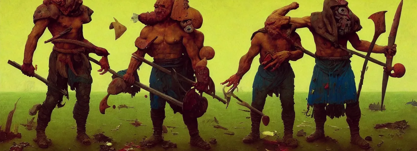 Image similar to full - body portrait surreal colorful clay fighting artstation rpg barbarian character concept art anatomy, action pose, very coherent and colorful high contrast masterpiece by norman rockwell franz sedlacek hieronymus bosch dean ellis simon stalenhag rene magritte gediminas pranckevicius, dark shadows, sunny day, hard lighting, reference sheet white! background
