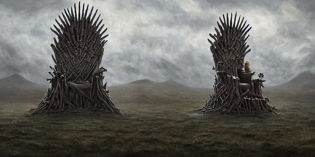 Prompt: Jack Gleeson as King Joffrey Baratheon sitting on the Iron Throne, Les Edwards, Zdzislaw Beksinski, Carl Gustav Carus, John Harris, Michal Karcz, Zhang Kechun, Mikko Lagerstedt, Scott Listfield, Steven Outram, Jessica Rossier