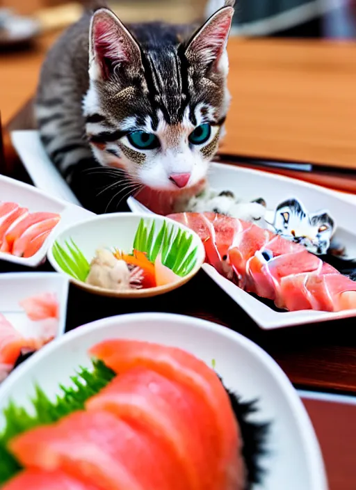 Image similar to clear photograph of cute cats eating sushi from sushi plates