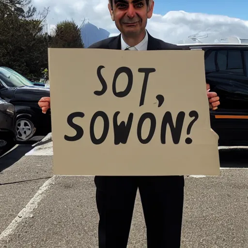 Prompt: photo of Mr. Bean holding a sign saying soon