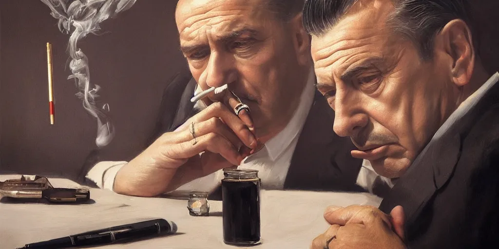 Image similar to beautiful oil matte portrait painting, mafia boss smoking at his 5 0 s new york office desk, wonderful masterpiece highly detailed, beautiful cinematic light deep focus, elegant, digital painting, smooth, sharp focus, golden ratio, dramatic illumination, ultra realistic, 8 k, art by jimmy law