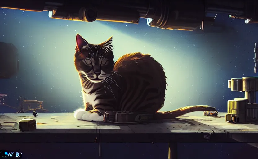 Image similar to a cat sleeping on a mechanics workbench in a spaceport, space opera and dystopian style, d & d, fantasy concept art, global illumination, interesting composition, volumetric lighting, art by enki bilial, highly detailed