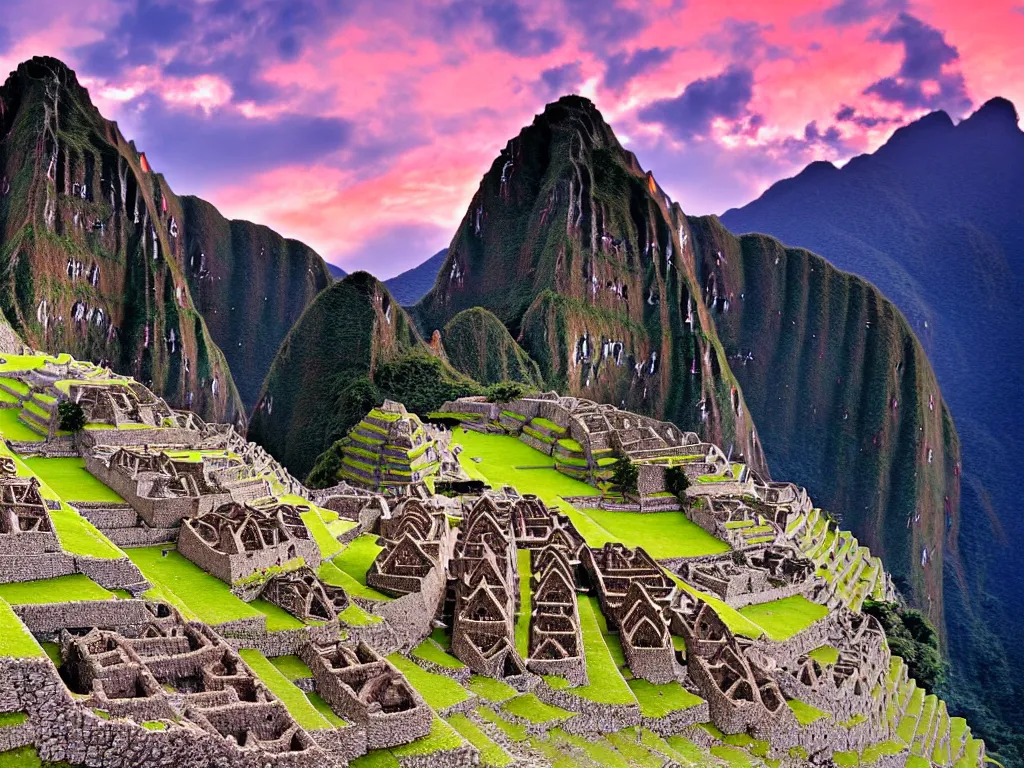 Image similar to a serene landscape of three giant, abstract, brightly - colored metallic pyramids in machu picchu at sunset