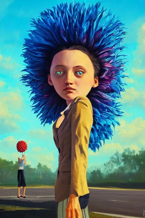 Image similar to closeup giant dahlia flower head, girl in a suit on a street, surreal photography, blue sky, sunrise, dramatic light, impressionist painting, digital painting, artstation, simon stalenhag