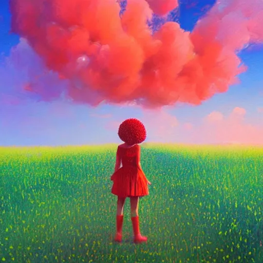 Prompt: giant red flower afro, girl standing in a field with flowers, surreal photography, hills, big trees, sunrise dramatic light, impressionist painting, colorful clouds, digital painting, pointillism, artstation, simon stalenhag