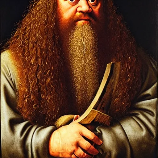 Prompt: portrait of hulking herculean bodybuilder hagrid, oil painting by jan van eyck, northern renaissance art, oil on canvas, wet - on - wet technique, realistic, expressive emotions, intricate textures, illusionistic detail