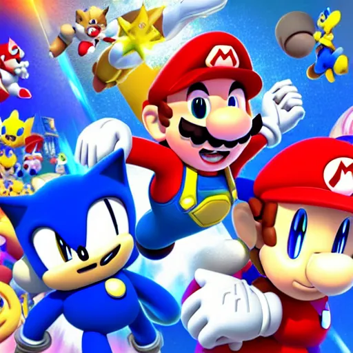 Image similar to super mario, kirby, sonic the hedgehog, super smash bros, star wars themed movie poster high detail accurate eyes and good gesture poses, pokemon anime cartoon style