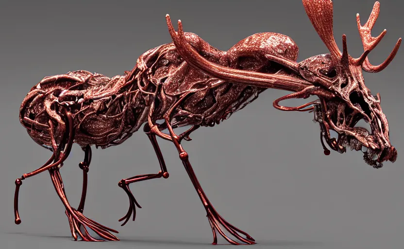 Prompt: stylized shiny polished silver statue full body bizarre extra limbs cosmic horror quadruped animal moose deer skull four legs made of marble of slug worm creature tendrils perfect symmetrical body perfect symmetrical face hyper realistic hyper detailed by johannen voss by michelangelo octane render blender 8 k displayed in pure white studio room anatomical deep red arteries veins flesh animatronic