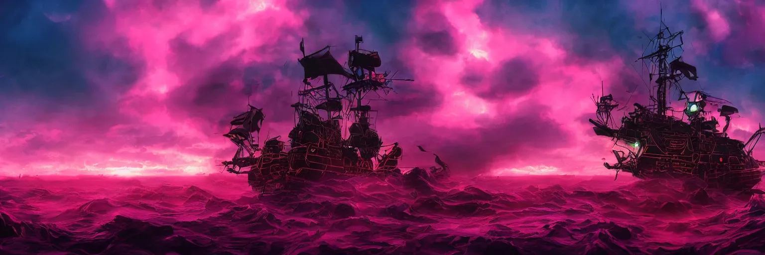 Prompt: hyperdetailed illustration, portrait big dark dog, pirate neon ship, mohawk, stars, pink, neon, oil painting, rich deep colors masterpiece, ultra detailed, contrast, heaven pink, clouds, volumetric light, atmospheric lighting, dramatic, cinematic, moody, octane render 4 k, 8 k