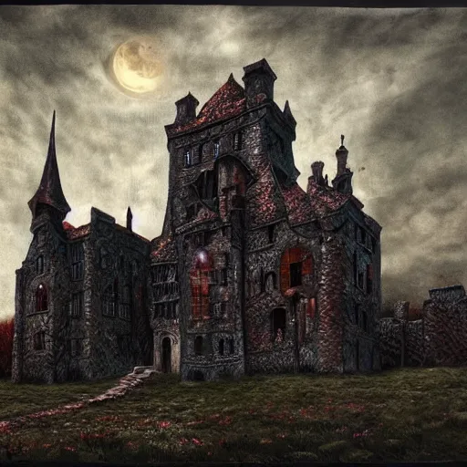 Prompt: dark and eerie gothic castle made of flesh, extremely detailed, oil painting