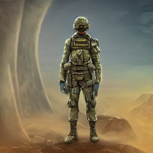 Image similar to futuristic soldier, in a futuristic dystopian landscape, digital art