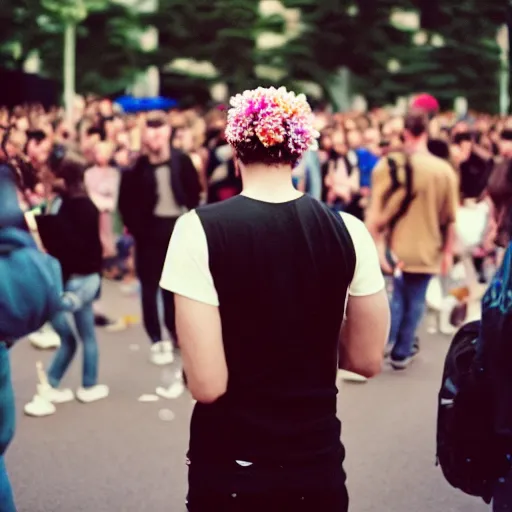 Image similar to kodak portra 4 0 0 photograph of a skinny goth guy standing in a crowd, back view, flower crown, moody lighting, telephoto, 9 0 s vibe, blurry background, vaporwave colors, faded!,