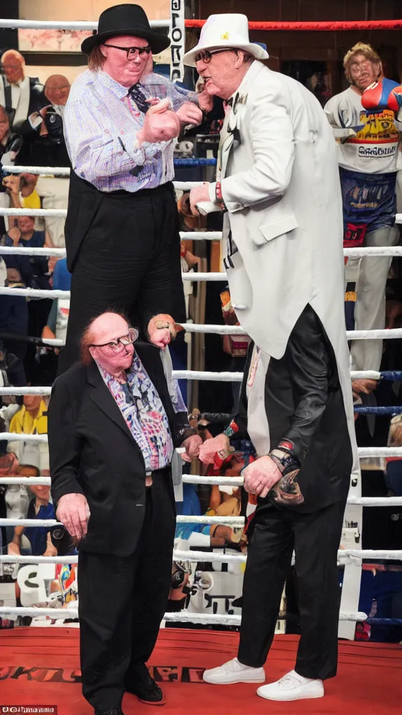 Image similar to michael fish vs john mccririck in a boxing match, in the middle of a paddock