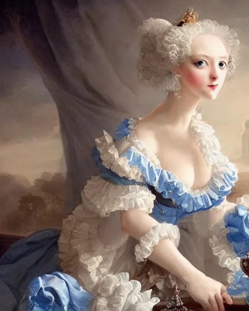 Prompt: cute white cat with blue eyes wearing a frilly blue silk dress, baroque rococo fashion, joseph ducreux, greg rutkowski, royal portrait, luxurious, opulent, regal