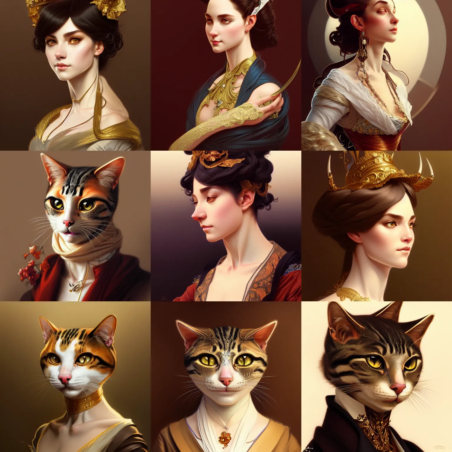 Prompt: portrait of an anthropomorphic cat aristocrat, intricate, elegant, highly detailed, digital painting, artstation, concept art, smooth, sharp focus, illustration, art by artgerm and greg rutkowski and alphonse mucha, 8 k