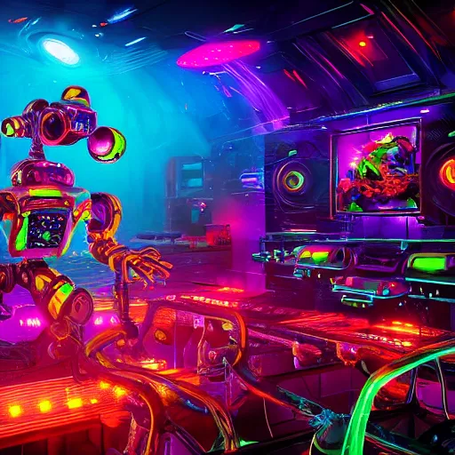 Prompt: robofrog cybercore disco rave. bright scene. fine detail. this 4 k hd image is trending on artstation, featured on behance, well - rendered, extra crisp, features intricate detail, epic composition and the style of unreal engine.