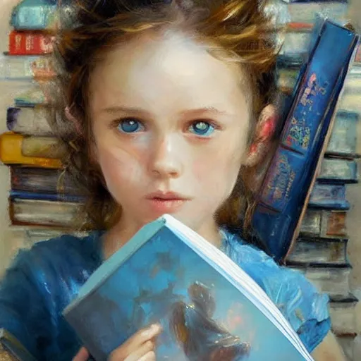 Prompt: a little girl with short curly light brown hair and blue eyes sitting in amidst tall piles of books. beautiful painting by raymond swanland and magali villanueve, beautiful detailed face.