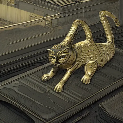 Image similar to gold and silver tones, cybernetic cat in a deserted town, style of moebius, james jean, rutkowski, cinematic, high detail, award winning, 8 k photorealistic