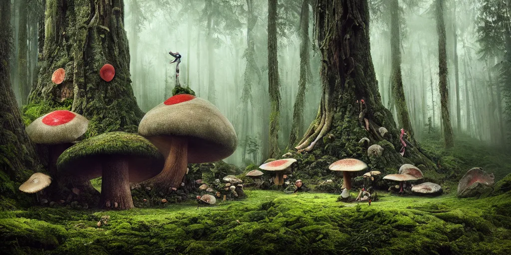 Image similar to Photo by Filip Hodas of the cinematic view of the Forest of the Giants, a troll is eating a giant mushroom, photorealism, photo taken with canon 5D