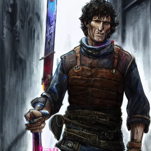 Prompt: todd howard with a switchblade in a alleyway, forcing you to buy skyrim, threatening, sharp, cinematic, colorful, digital art, neon, bright, realism, bold