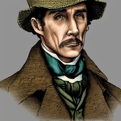 Image similar to sherlock holmes in a deerstalker hat in the style of james c. christensen